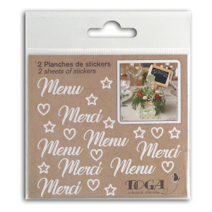 Autocollant Mariage Menu Merci blanc 2 planches 10 x 10 cm